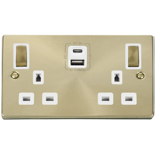 Click Deco Satin Brass 13A Double A+C USB Socket VPSB586WH Available from RS Electrical Supplies