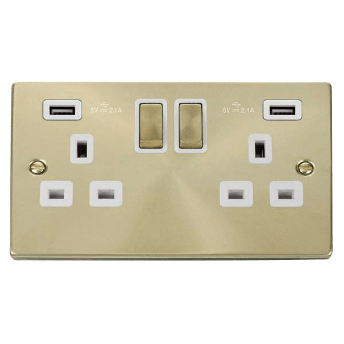 Click Deco Satin Brass 13A Double USB Socket VPSB580WH Available from RS Electrical Supplies