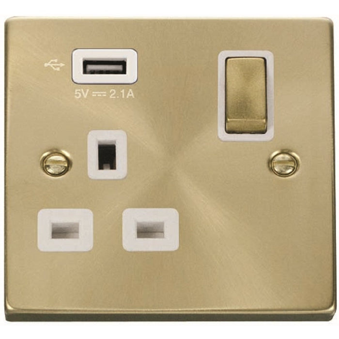 Click Deco Satin Brass 13A Single USB Socket VPSB571UWH Available from RS Electrical Supplies