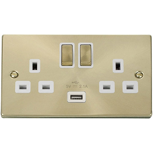 Click Deco Satin Brass 13A Double USB Socket VPSB570WH Available from RS Electrical Supplies