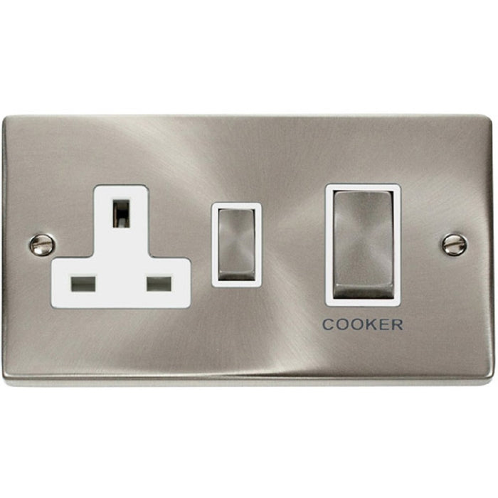 Click Deco Satin Chrome 45A Cooker Switch with 13A Socket VPSC504WH Available from RS Electrical Supplies