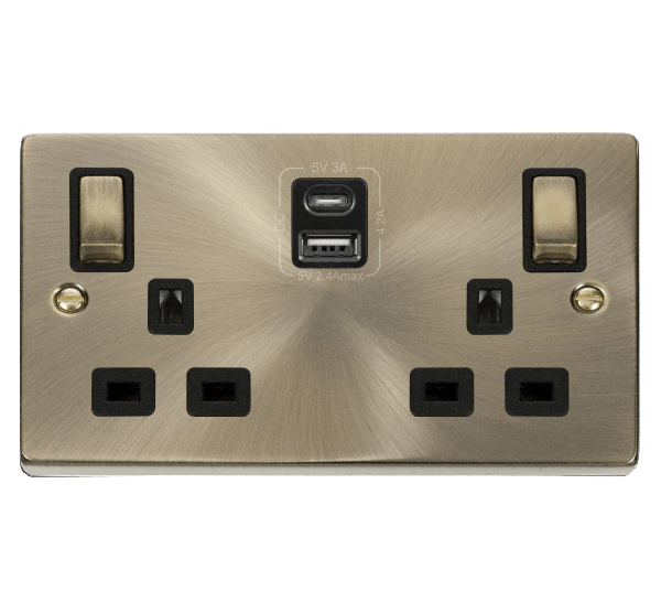 Click Deco Antique Brass 13A Double A+C USB Socket VPAB586BK Available from RS Electrical Supplies