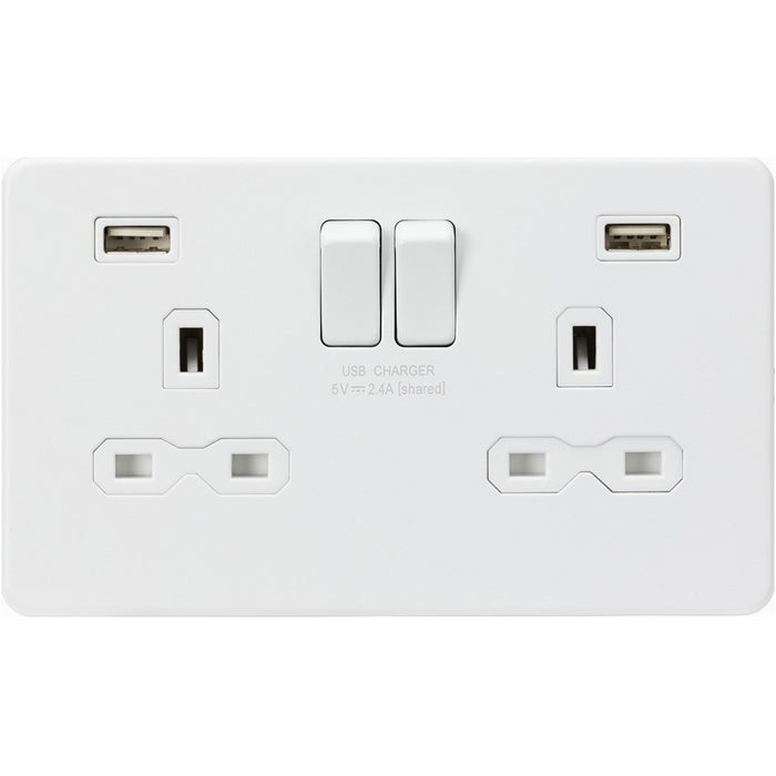 Knightsbridge Screwless Matt White Double USB Socket SFR9224MWAvailable from RS Electrical