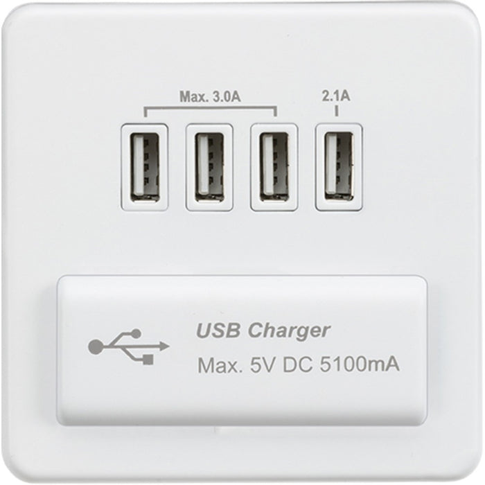 Knightsbridge Screwless Matt White Quadruple USB Charger SFQUADMWAvailable from RS Electrical