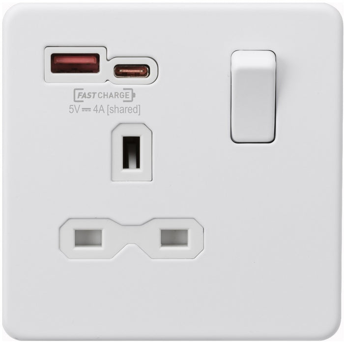 Knightsbridge Screwless Matt White Single A+C USB Socket SFR9919MWAvailable from RS Electrical