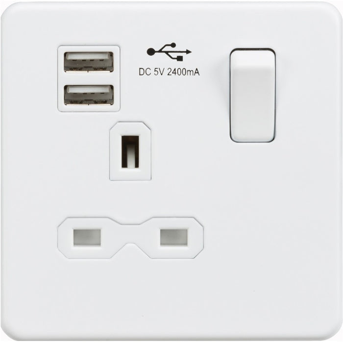 Knightsbridge Screwless Matt White Single USB Socket SFR9124MWAvailable from RS Electrical