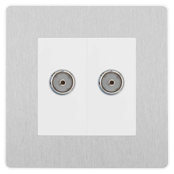 BG Evolve Brushed Steel Double Co-axial Socket PCDBS602W Available from RS Electrical Supplies