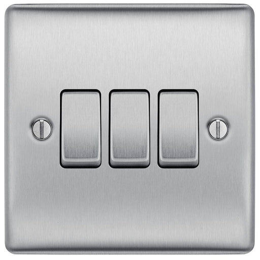 BG Nexus Metal Brushed Steel 3G 2W Light Switch NBS43 Available from RS Electrical Supplies