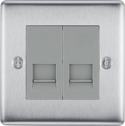 BG Nexus Metal Brushed Steel Double Master Telephone Socket NBSBTM2G Available from RS Electrical Supplies