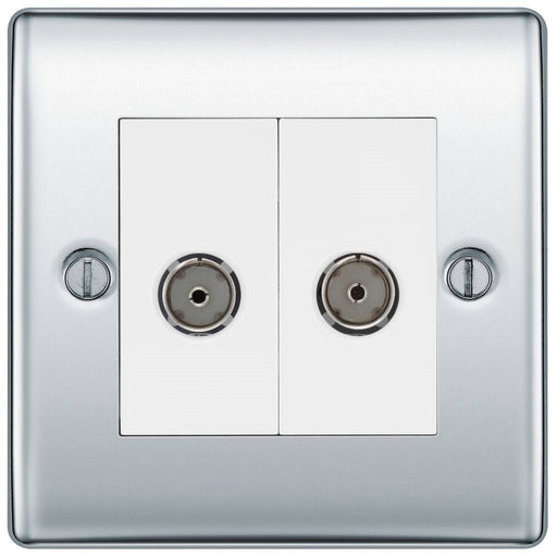 BG Nexus Metal Polished Chrome Double Co-axial Socket NPC61 Available from RS Electrical Supplies