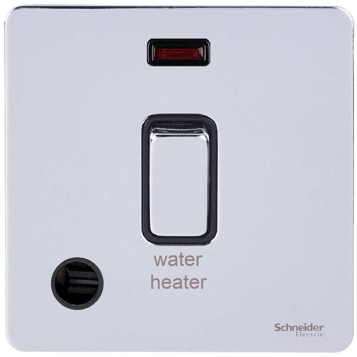 Schneider Ultimate Screwless Polished Chrome 20A DP Switch with Flex and Marked Water Heater GU2414WHBPCAvailable from RS Electrical Supplies