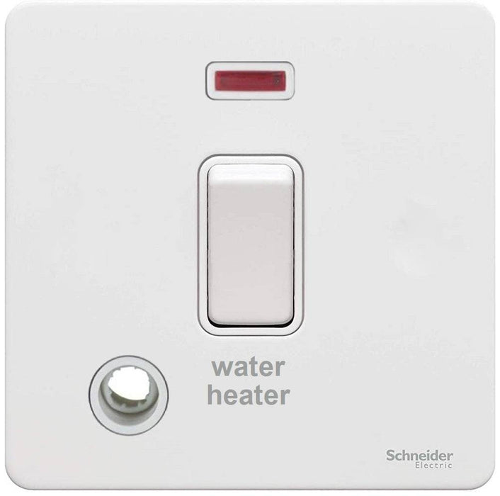 Schneider Ultimate Screwless White Metal 20A Double Pole Switch Neon & Water Heater GU2414WHWPW Available from RS Electrical Supplies