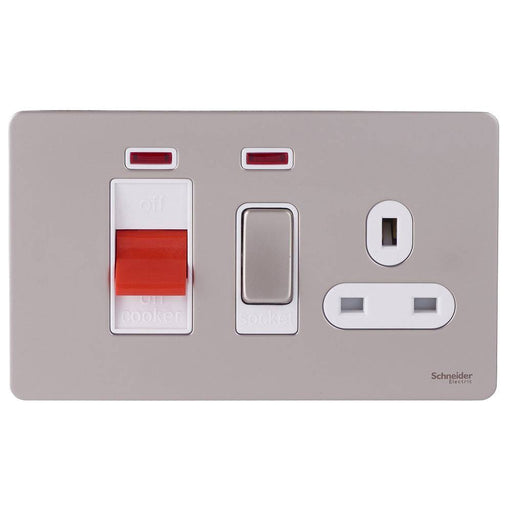 Schneider Ultimate Screwless Pearl Nickel 45A Cooker Switch with 13A Socket GU4401WPNAvailable from RS Electrical